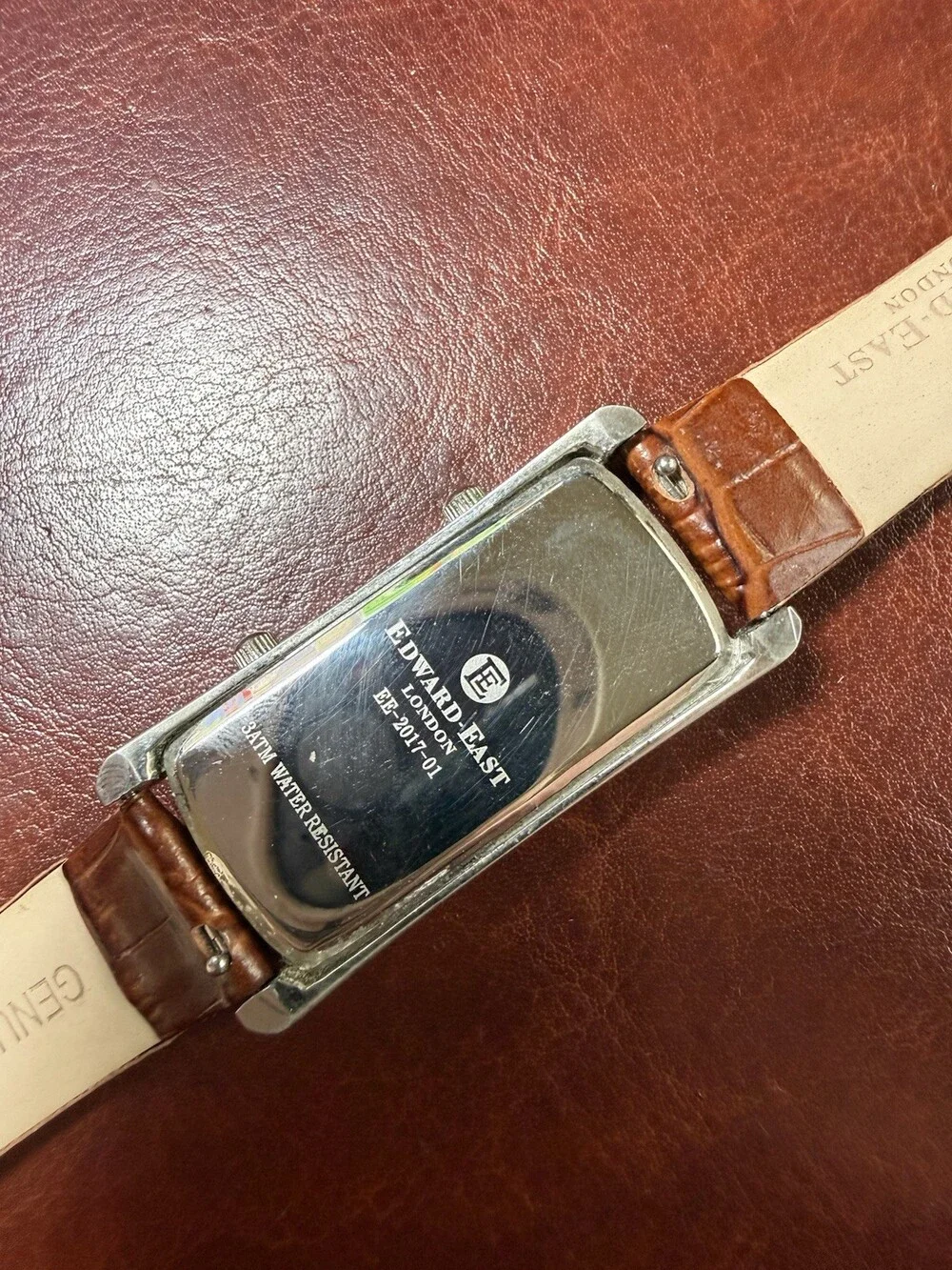 Edward East London Dual Time Watch Rectangular Tank Silver Dial Brown Leather